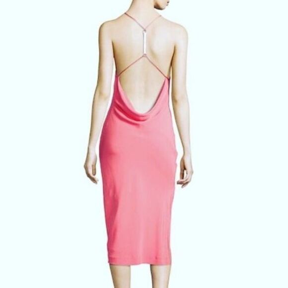 Halston Womens Midi Length Draped‎ Back with Logo Hardware Sz 0 Coral $395 NWT - Picture 2 of 9